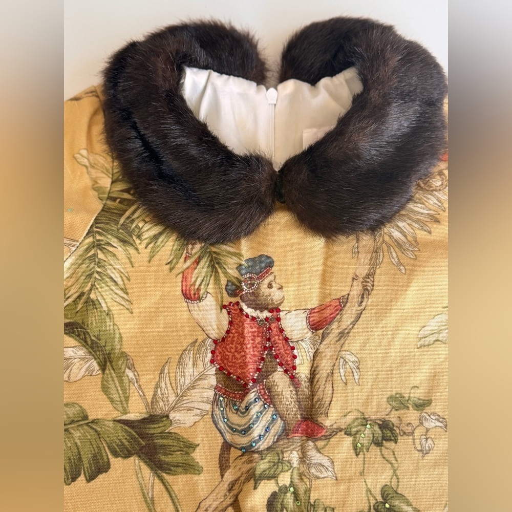 Vintage Trish Scully Monkey Palm Tree Faux Fur Collar Rhinestone Dress Girls 8 - Picture 3 of 11